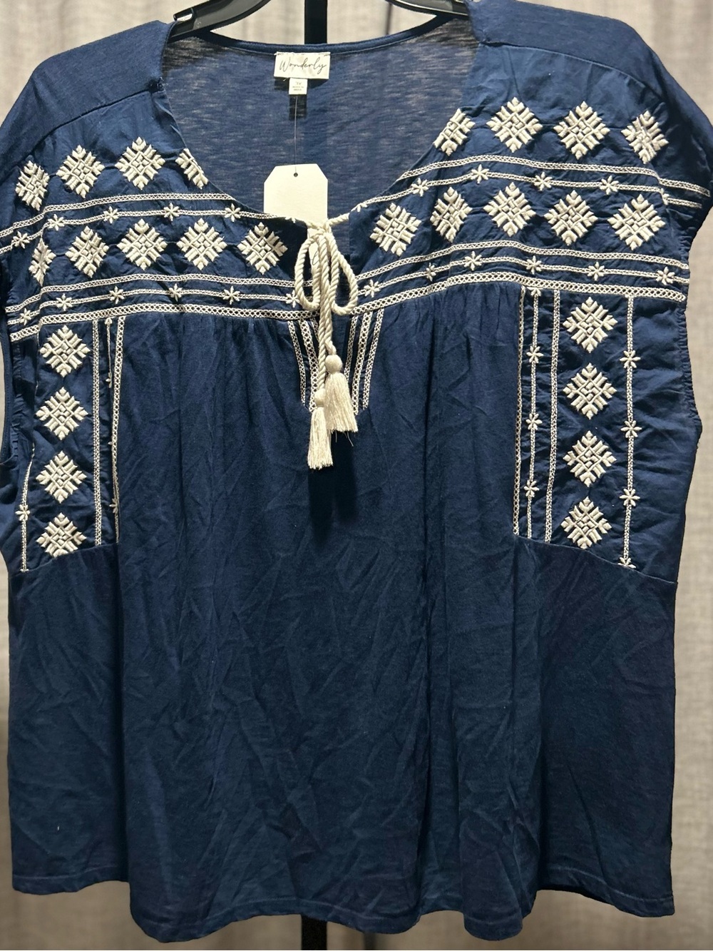 Wonderly Navy Tunic with White Embroidered Detail and Tassel Tie